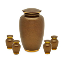 Load image into Gallery viewer, Set of Brown & Gold Aluminum Cremation Urns for Ashes - Adult & 4 Keepsakes