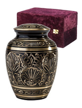Load image into Gallery viewer, Black and Gold Color, Brass Funeral Cremation Urn Keepsake w. Velvet Heart Box