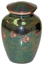 Load image into Gallery viewer, 45 Cubic Inches Teal Raku Color Brass Pawprint Pet Cremation Urn for Ashes
