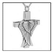 Load image into Gallery viewer, Wings on Cross Sterling Silver Funeral Cremation Urn Pendant w/Chain for Ashes