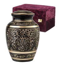 Load image into Gallery viewer, Black and Gold Color, Brass Funeral Cremation Urn Keepsake w. Velvet Heart Box