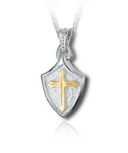 Load image into Gallery viewer, Sterling Silver & 10kt Gold Crusader Shield Cremation Urn Pendant w/Chain