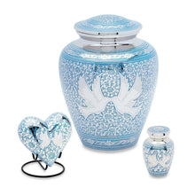 Load image into Gallery viewer, Blue Loving Doves Set of 3 Cremation Urns (Adult,Keepsake,Heart) 216 Cubic Ins