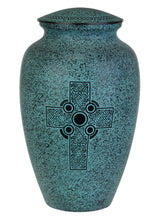 Load image into Gallery viewer, Large/Adult 220 Cubic Ins Turquoise Celtic Cross Brass Cremation Urn for Ashes