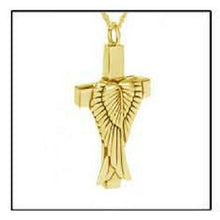 Load image into Gallery viewer, Wings on Cross 24k Gold Plated Sterling Silver Cremation Urn Pendant w/Chain