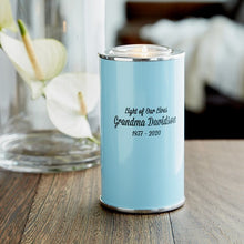 Load image into Gallery viewer, Small/Keepsake Aluminum Light Blue Memory Light Cremation Urn, 20 cubic inches