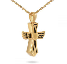 Load image into Gallery viewer, Small/Keepsake Gold Cross with Wings Pendant Funeral Cremation Urn for Ashes