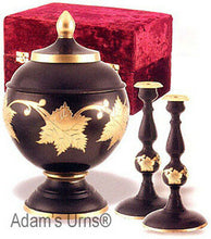 Load image into Gallery viewer, Black & Gold Color, Adult Brass Funeral Cremation Urn Set w. Box + Candlesticks