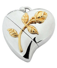 Load image into Gallery viewer, Heart Shaped w. Rose Design, USB Brass Funeral Cremation Urn Pendant Necklace