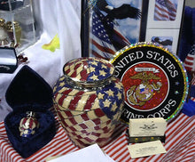 Load image into Gallery viewer, Patriotic American Flag Painted, Adult Brass Funeral Cremation Urn W. Velvet Box