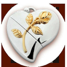 Load image into Gallery viewer, Heart Shaped w. Rose Design, USB Brass Funeral Cremation Urn Pendant Necklace