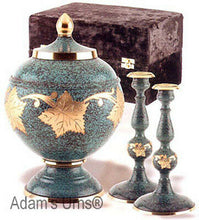 Load image into Gallery viewer, Large/Adult 205 Cubic Inch Brass Patina Color Cremation Urn Set w. Candlesticks