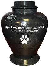 Load image into Gallery viewer, Large 126 Cubic Inch Black Lassi Ebony Pet Marble Funeral Cremation Urn