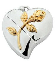 Load image into Gallery viewer, Heart Shaped w. Rose Design, USB Brass Funeral Cremation Urn Pendant Necklace