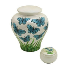 Load image into Gallery viewer, Small/Keepsake Blue Butterfiles Memento Funeral Cremation Urn, 7 Cubic Inches