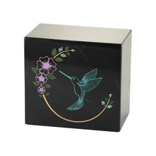 Load image into Gallery viewer, Monumental Memorials Hummingbird Teal Black Marble Cremation Urn 200 CI
