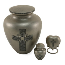 Load image into Gallery viewer, New, Solid Brass Celtic Cross Heart Keepsake Cremation Urn, 3 Cubic Inches
