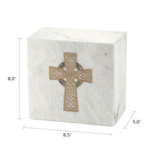 Load image into Gallery viewer, Monumental Memorials Celtic Cross Gold White Marble Cremation Urn 200 CI
