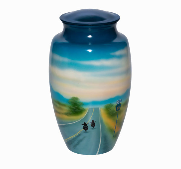 Large/Adult 220 Cubic Inch Route 66 Highway Motorcycle Aluminum Cremation Urn for Ashes