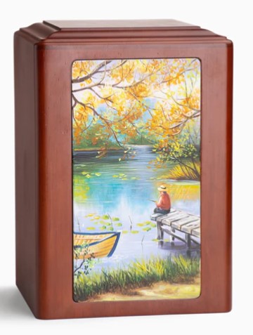 At Peace Memorials Adorn Fisherman Wooden Cremation Urn for ashes (210 cubic inches)