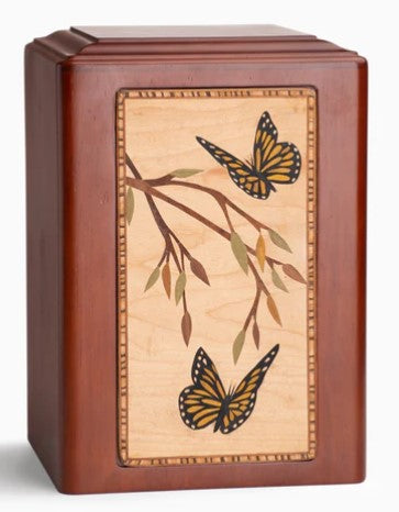 At Peace Memorials Adorn Monarch Butterfly Wooden Cremation Urn for ashes (210 cubic inches)