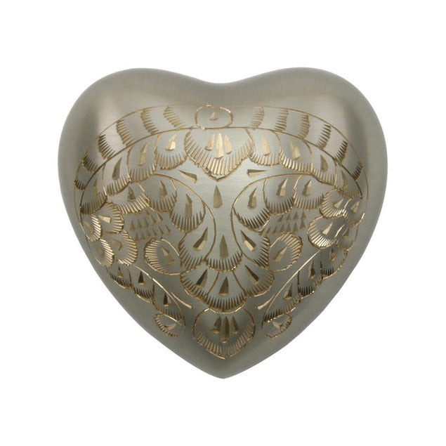 At Peace Memorials Platinum Heart Keepsake Cremation Urn w/velvet bag, 3 Cubic Inches