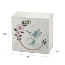 Load image into Gallery viewer, Monumental Memorials Hummingbird Teal White Marble Cremation Urn 200 CI
