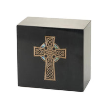 Load image into Gallery viewer, Monumental Memorials Celtic Cross Gold Black Marble Cremation Urn 200 CI
