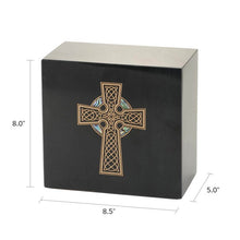Load image into Gallery viewer, Monumental Memorials Celtic Cross Gold Black Marble Cremation Urn 200 CI
