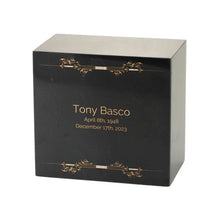 Load image into Gallery viewer, Monumental Memorials Scroll Gold Black Marble Cremation Urn 200 CI
