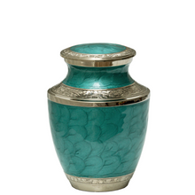 Load image into Gallery viewer, Medium 90 Cubic Inches Mother of Pearl Aqua Brass Cremation Urn for Ashes
