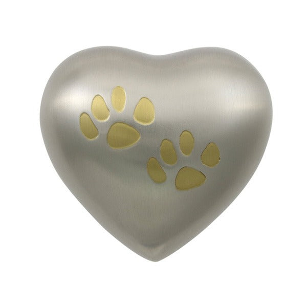 Small/Keepsake Pewter/Bronze Brass Pet Paws Heart Cremation Urn, 3 cubic inch