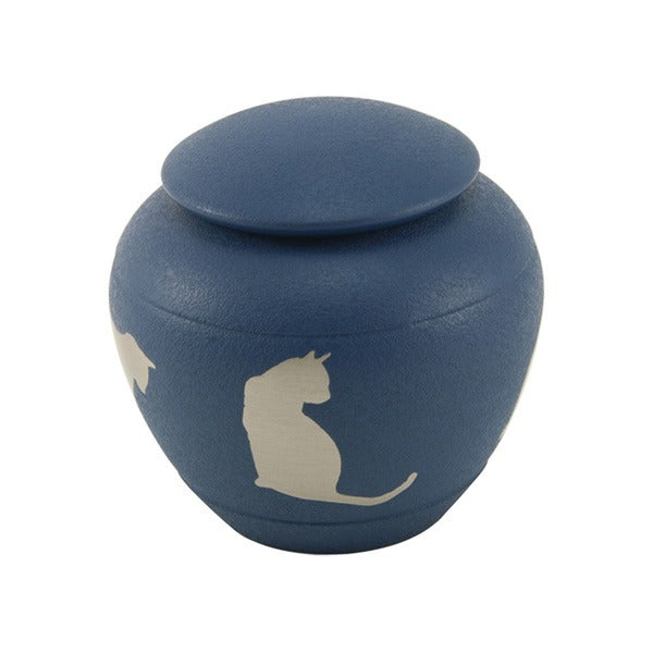 Small/Keepsake Blue Brass Silhouette Cat Cremation Urn, 30 cubic inches