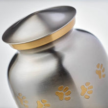 Load image into Gallery viewer, Small/Keepsake Pewter Brass Paw Print Cremation Urn, 25 cubic inches
