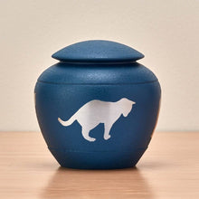 Load image into Gallery viewer, Small/Keepsake Blue Brass Silhouette Cat Cremation Urn, 30 cubic inches

