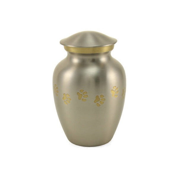 Small/Keepsake Pewter Brass Paw Print Cremation Urn, 40 cubic inches