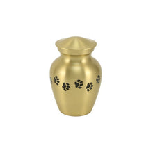 Load image into Gallery viewer, Small/keepsake Gold Brass Paw Print Cremation Urn, 25 cubic inches
