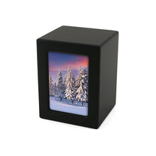Load image into Gallery viewer, Small/Keepsake Black Wood Funeral Cremation Urn with photo, 40 Cubic Inches
