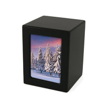 Load image into Gallery viewer, Small/Keepsake Black Wood Funeral Cremation Urn with photo, 85 Cubic Inches
