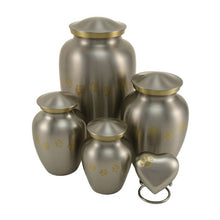 Load image into Gallery viewer, Small/Keepsake Pewter Brass Paw Print Cremation Urn, 25 cubic inches
