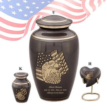Load image into Gallery viewer, Large/Adult 220 Cubic Inches Military American Eagle &amp; Flag Brass Funeral Cremation Urn
