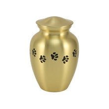 Load image into Gallery viewer, Small/keepsake Gold Brass Paw Print Cremation Urn, 85 cubic inches
