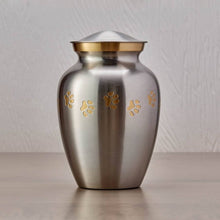 Load image into Gallery viewer, Small/Keepsake Pewter Brass Paw Print Cremation Urn, 85 cubic inches
