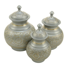 Load image into Gallery viewer, Silver Engraved Large Cremation Urn 70 Cubic Inches
