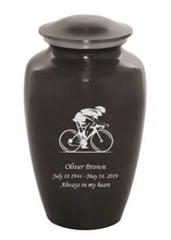 Load image into Gallery viewer, Large/Adult 200 Cubic Inch Custom Engraved Grey Metal Bicycle Funeral Cremation Urn
