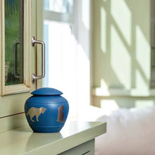 Load image into Gallery viewer, Small/Keepsake Blue Brass Silhouette Cat Cremation Urn, 30 cubic inches
