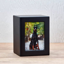 Load image into Gallery viewer, Small/Keepsake Black Wood Funeral Cremation Urn with photo, 85 Cubic Inches
