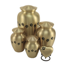 Load image into Gallery viewer, Small/keepsake Gold Brass Paw Print Cremation Urn, 25 cubic inches
