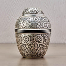 Load image into Gallery viewer, Silver Embossed Small Cremation Urn 80 Cubic Inches
