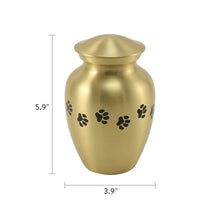 Load image into Gallery viewer, Small/Keepsake Gold Brass Paw Print Cremation Urn, 40 cubic inches
